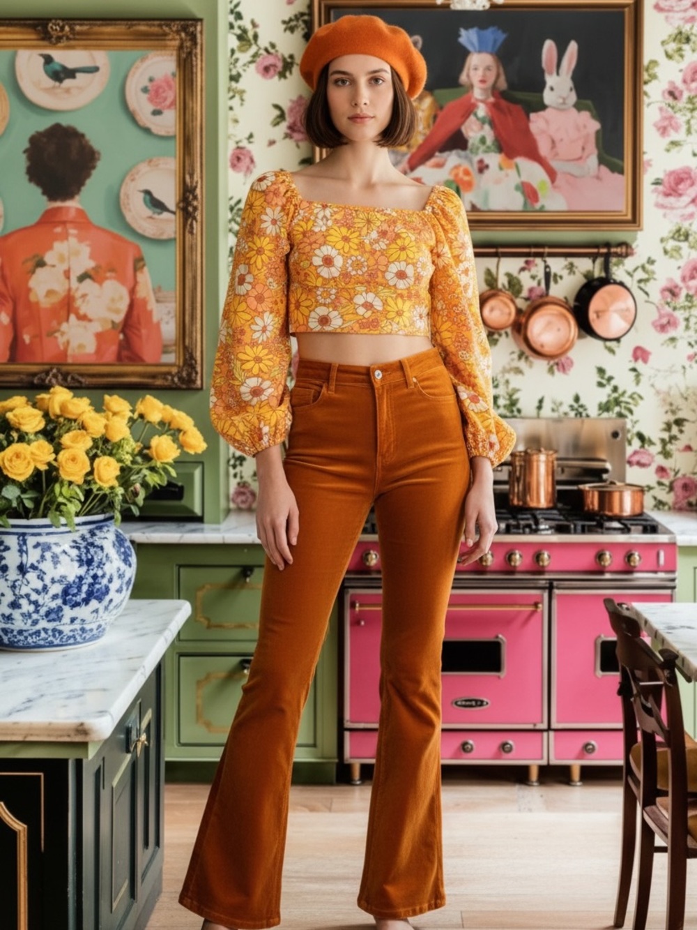 Steve Madden Orange Floral Puff-Sleeve Crop Top